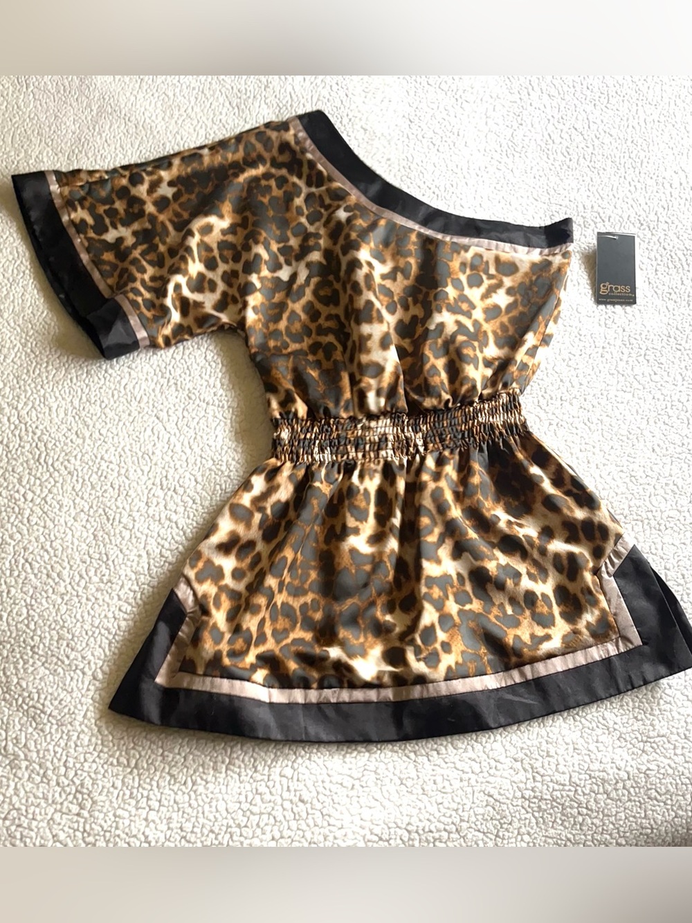 grass collection Leopard-Print Satin Short Sleeve Blouse in Brown and Black